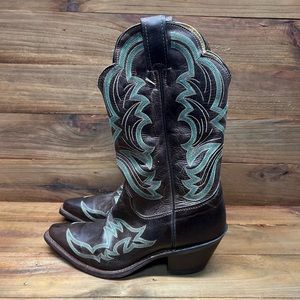 Justin Ladies Bent Rail Cowgirl Boots Brown Teal America Cowhide USA Womens 9.5B